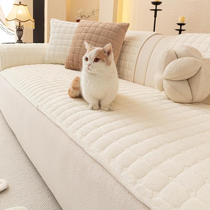 Velvet Couch Covers for Dogs, Dog Sectional Couch Covers, Pet Couchs Cover for 2-3 Seater, Couchs Protector for Dogs, Sectional Sofa Cover for Pet Washable(1PC,Beige White,27.6"×70.9")