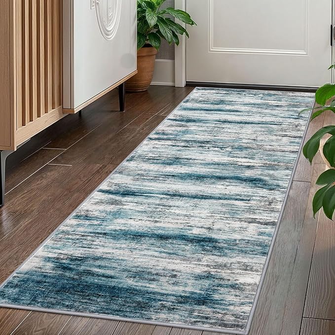 KOZYFLY Modern Abstract Hallway Runner Rug, 2x5 Washable Rug Runner Non-Slip Soft Striped Kitchen Runner Rugs, Print Blue Carpet Runner for Entryway Bathroom Laundry Room Foyer