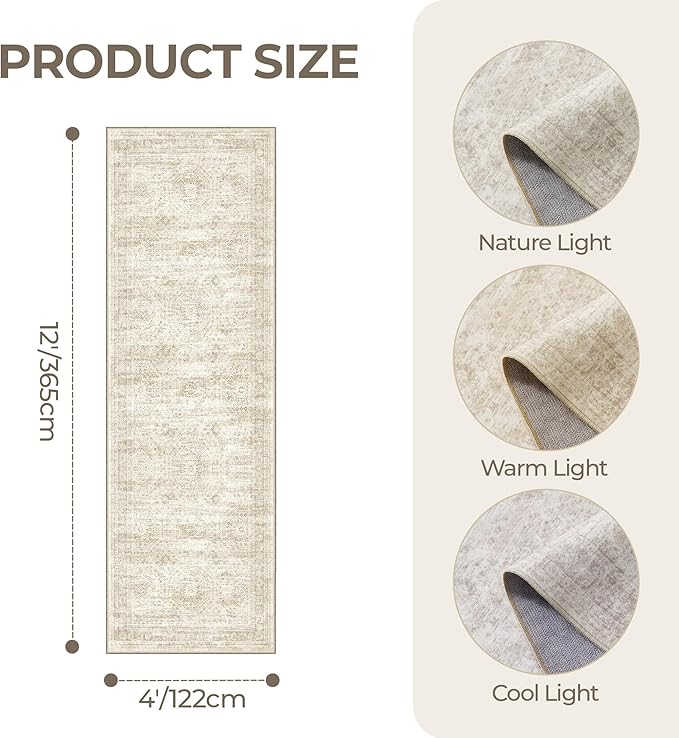 4x12 Runner Rug for Hallway, Low-Pile Wide Runner for Entryway, Long Washable Non-Slip Kitchen Rug, Soft Modern Home Decor Mat for Living, Laundry Room(4'x12', Beige/Ivory)