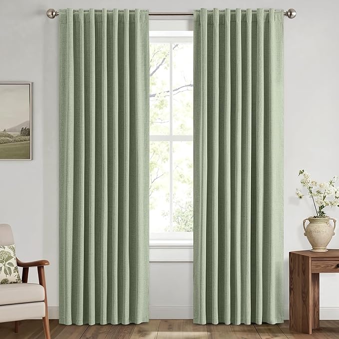 MIULEE 100% Blackout Linen Curtains for Bedroom, Sage Green Solid Luxury Decor Thermal Insulation Room Darkening Drapes for Living Room Nursery Back Tab Rod Pocket 42 x 72 Inches, 2 Panels