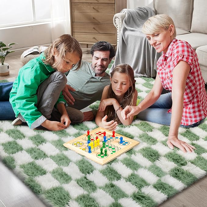 Area Rugs for Bedroom Living Room,5x8 Green and White Fluffy Soft Checkered Rug Fuzzy Shag Shaggy Carpet, Indoor Plush Floor Rugs for Kids Boys Girls Teen Dorm Nursery Home Decor