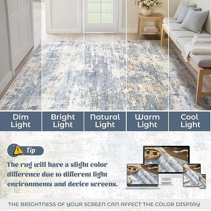XLUEZ 8x10 Area Rugs for Living Room, Washable Modern Abstract Large Area Rug Neutral Soft Non Slip Kids Rug Stain Resistant Indoor Carpet for Bedroom Nursery Dining Room Playroom(Blue, 8'x10')