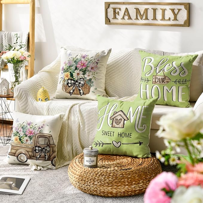 AVOIN colorlife Bless Our Home Eucalyptus Leaves Throw Pillow Covers, 20 x 20 Inch Spring Summer Truck Cushion Case for Home Sofa Couch Set of 4