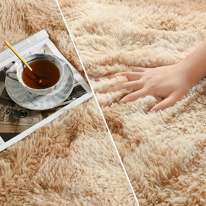 Deerhoo Large Shag Area Rugs 5 x 8, Tie-Dyed Plush Fuzzy Rugs for Living Room, Ultra Soft Fluffy Furry Rug for Bedroom, Indoor Carpet Nursery Rugs for Kids Room Home Decor, Beige
