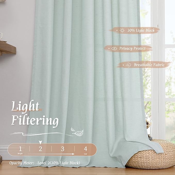 LAMIT Bedroom Linen Curtains 45 Inch Long, Light Filtering Neutral Window Curtains Farmhouse Boho Rod Pocket Room Decor Panels for Small Window/Living Room, 2 Panels, 42 x 45 Inch, Light Blue