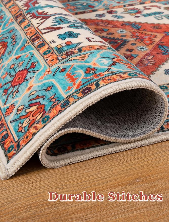 SERISSA Boho Washable Runner Rug, 2x5 Rug Runner Non-Slip Vintage Orange Hallway Kitchen Runner Rug Ultra Soft Print Distressed Tribal Floor Carpet Runner for Bedroom Bathroom Laundry Living Room