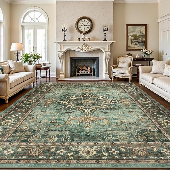 Lofus 8x10 Area Rugs for Living Room, Washable Area Rug, Rugs for Bedroom, Kitchen, Vintage Boho Carpet, Soft Non-Slip, Low Pile Large Area Rug for Office Dining Room, Green