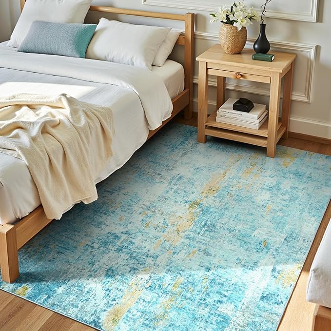 Entryway Rug 3x5 Teal Blue Bedroom Area Rug Washable Non Slip Abstract Boho Rugs for Indoor Entry, Kitchen, Classroom, Bathroom, Kids Girls Room, Office, College Dorm Small Carpet