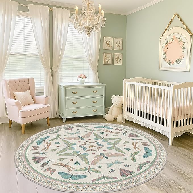 Hazo Haus Green and Blue Insect 6ft Round Soft Rugs for Nursery, Bedroom Beside Bed - Non Skid Rug Low Pile Washable Living Room Rugs, Forest Butterfly Design Stain Resistant Home Décor