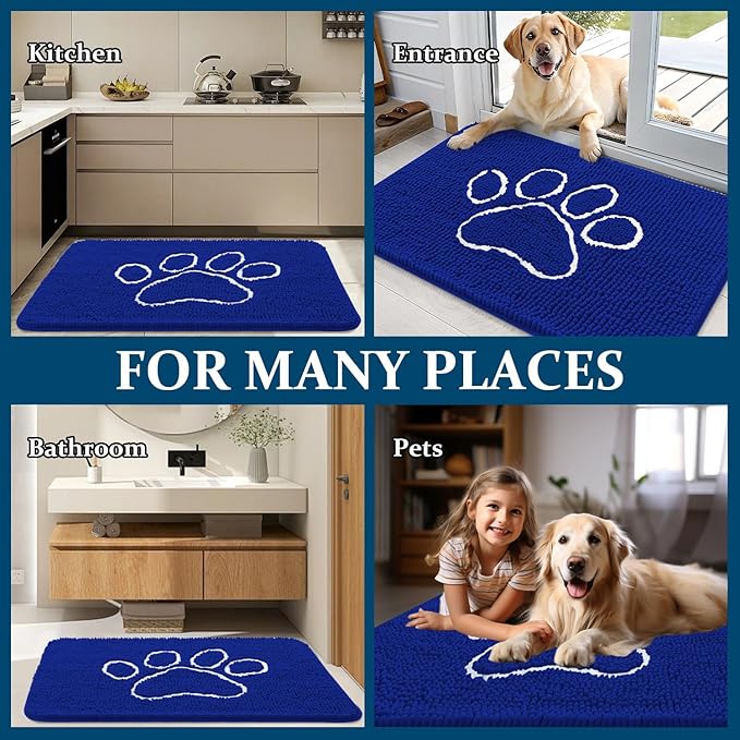 OLANLY Dog Door Mat for Muddy Paws 36x24, Paw Print Design, Absorbs Moisture and Dirt, Non-Slip Washable Doormat, Quick Dry Chenille Mud Mat for Dogs, Entry Indoor Entryway Carpet, Royal Blue