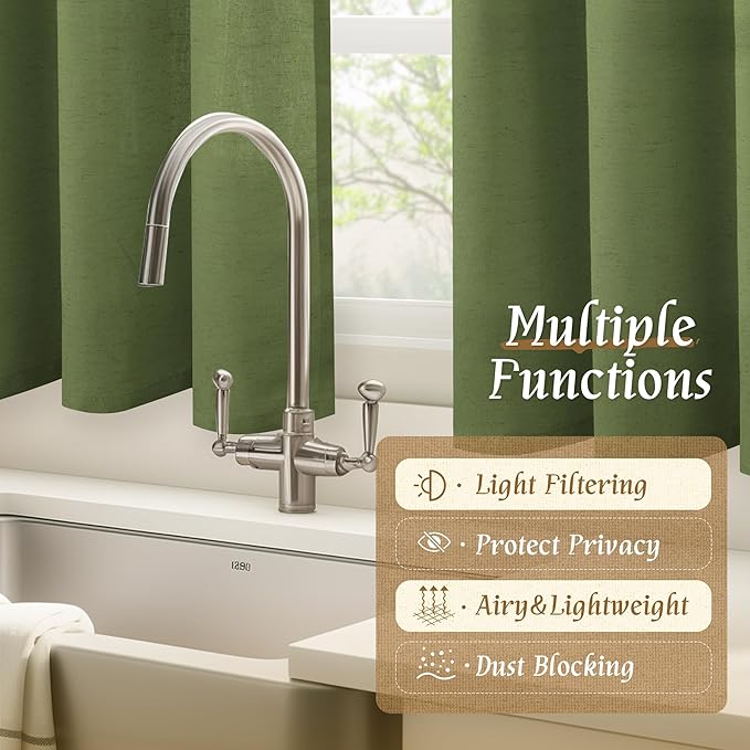 LAMIT Olive Green Linen Curtains 48 Inch for Short Windows, Soft Linen Textured Light Filtering Panels Farmhouse Boho Rod Pocket Drapes for Kitchen/Loft Room, 2 Panels, 42 x 48 Inch