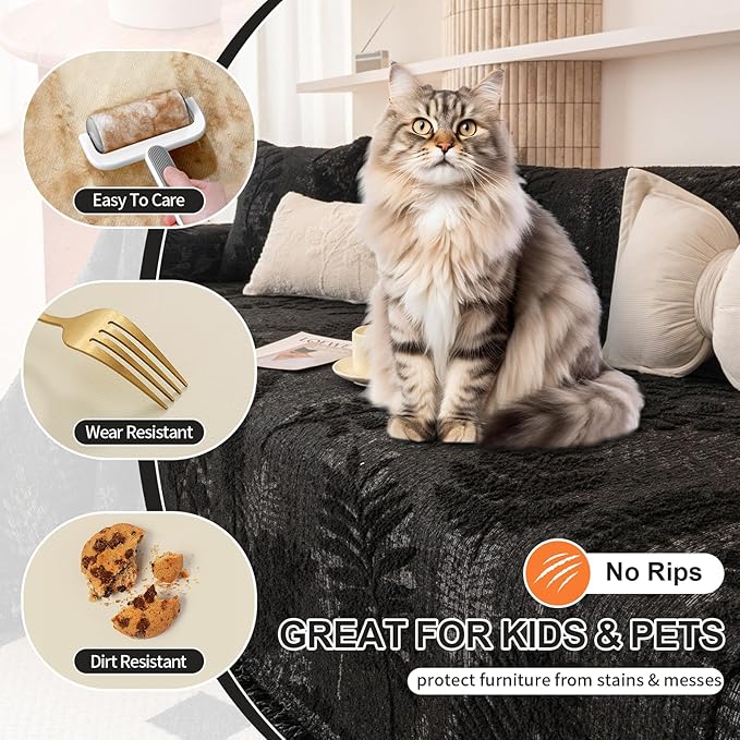 HANDONTIME Washable Couch Covers for Sofa Boho Couch Covers for 3 Cushion Sofa Pet Friendly Black Chenille Jacquard Couch Protector for Dogs Plant Branch Sectional Cover Sofa Slipcovers, 71" X 150"