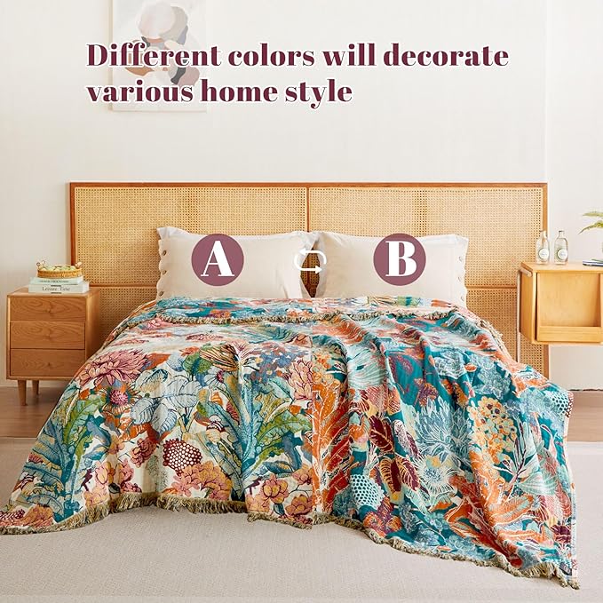 MSGKV Boho Throw Blanket for Couch 100% Cotton Floral Blanket 50"x60" Sofa Bed Chair Blanket All Seasons Farmhouse Muslin Spring Breathable Lightweight Blankets Home Decor