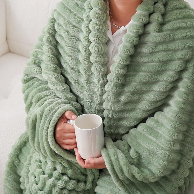 Sage Green Fleece Throw Blanket 50”×60” for Couch Sofa Bed,Super Soft Cozy Plush Microfiber Flannel Blanket with Stripes Design Lightweight for Adults,Woman,Girls