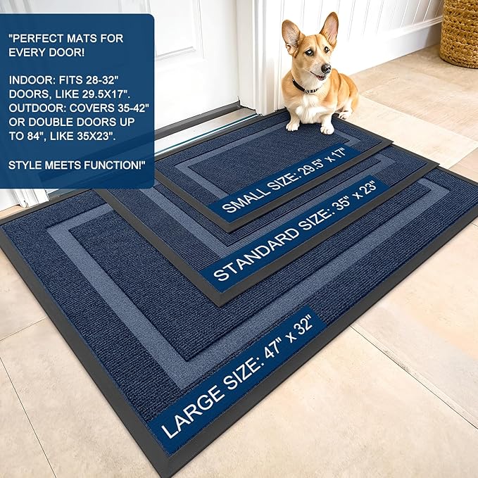 OLANLY Front Door Mat Indoor Outdoor Entrance, Waterproof All-Season, All-Weather Doormat, Sturdy Natural Rubber, Fade Resistant, Low Profile, Easy Clean Patio Porch Entryway Mat, 59x40, Blue