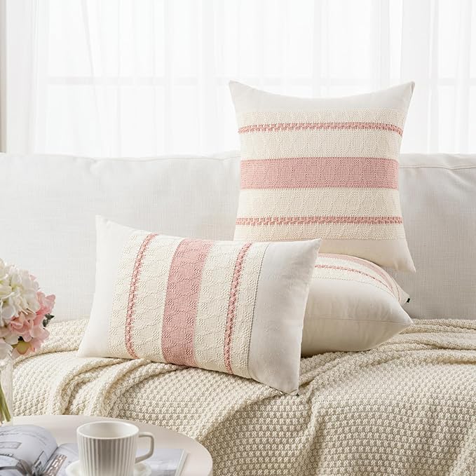 Fancy Homi Set of 1 Boho Pink Big Decorative Throw Pillow Cover 24x24 Inch for Couch Bed Bedroom, Aesthetic Modern Organic Farmhouse Room Decor, Soft Cotton Accent Macrame Woven Cushion Case