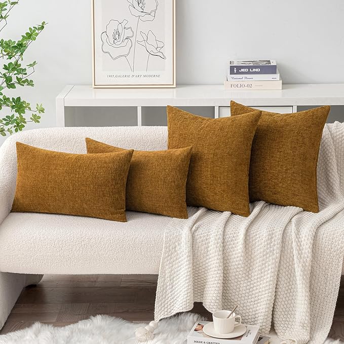 MIULEE Pack of 2 Couch Throw Pillow Covers 18x18 Inch Soft Mustard Chenille Pillow Covers for Sofa Living Room Solid Dyed Pillow Cases