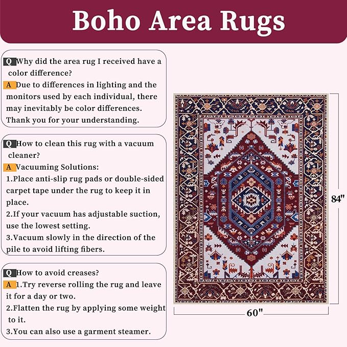 SERISSA 5x7 Boho Area Rug, Washable Non-Slip Rugs for Living Room, Large Burgundy Navy Rug Ultra Soft Vintage Oriental Print Distressed Carpet for Bedroom Dining Room Dorm Office Home Decor