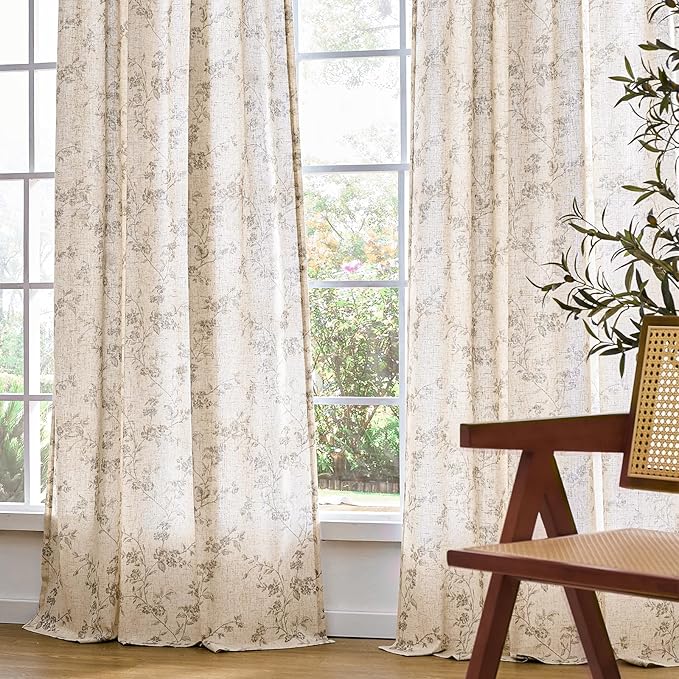 Lazzzy Grey Floral Linen Curtains 84 Inch Length Farmhouse Curtain Back Tab Drapes for Living Room Bedroom Light Filtering Vintage Rod Pocket Curtains, 2 Panels, Gray on Beige