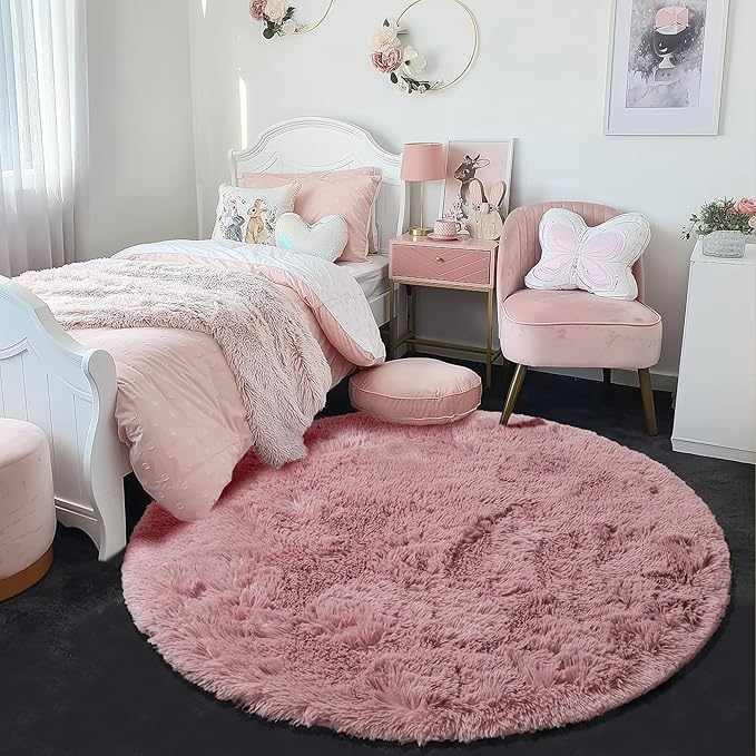 Blush Round Rug 6Ft for Bedroom, Fluffy Fuzzy Plush Circle Area Rugs for Baby Kids Room Decor Aesthetic, Shaggy Circular Carpet for Teen Girls Nursery Dorm Playroom, Cute Large Dusty Rose Mauve Rug