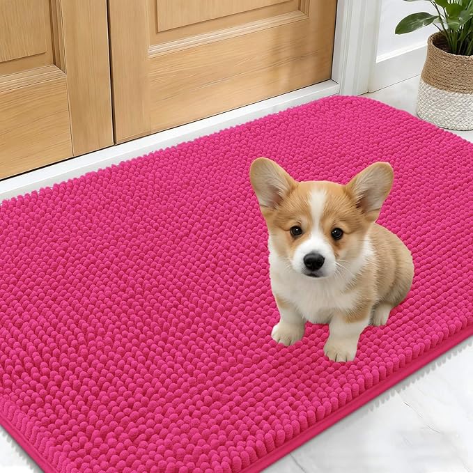OLANLY Dog Door Mat for Muddy Paws 30x17, Absorbs Moisture and Dirt, Absorbent Non-Slip Washable Doormat, Quick Dry Chenille Mud Mat for Dogs, Entry Indoor Entryway Carpet for Inside Floor, Hot Pink