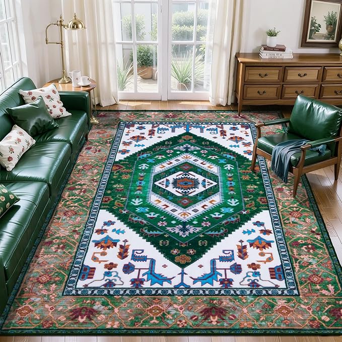 SERISSA 5x7 Boho Area Rug, Washable Non-Slip Rugs for Living Room, Large Green White Rug Ultra Soft Vintage Oriental Print Distressed Carpet for Bedroom Dining Room Dorm Office Home Decor