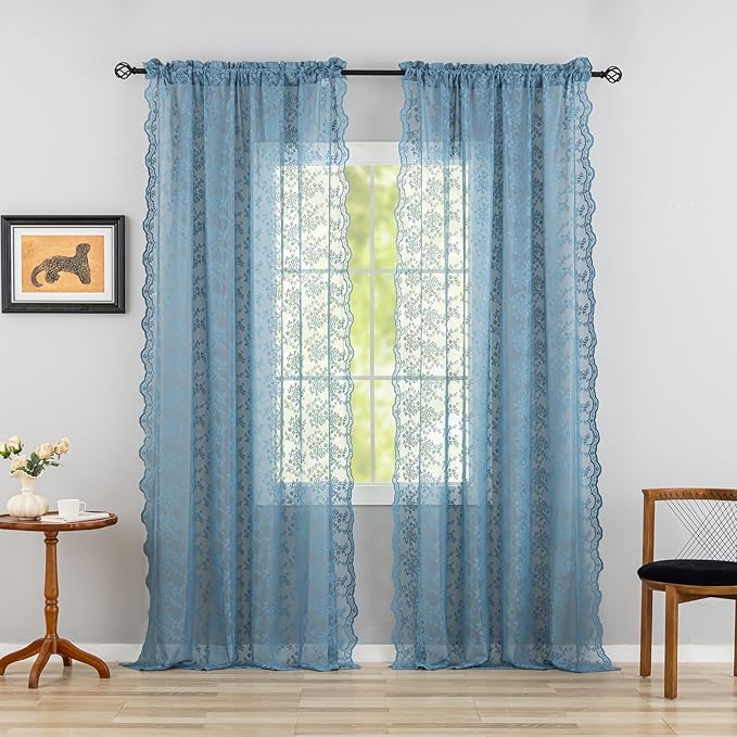 YJ YANJUN Vintage Lace Curtains 96 Inches Long-Victorian Floral Pattern Dusty Blue Sheer Curtain Panels for Living Room Bedroom Nautical Decor Provide Privacy 8FT W52 X L96 Stone Blue