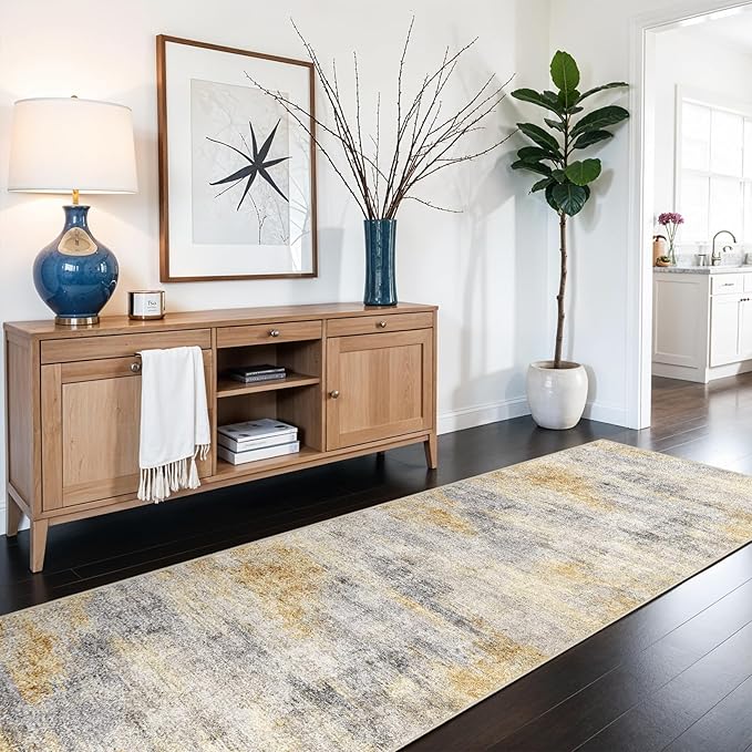3x6 Washable Kitchen Runner Rug: Modern Abstract Runners for Hallway Soft Non Slip Rugs with Rubber Backing Low Pile Thin Floor Carpet for Entryway Bedroom Bathroom Bedside Indoor(Grey/Yellow,3x6)