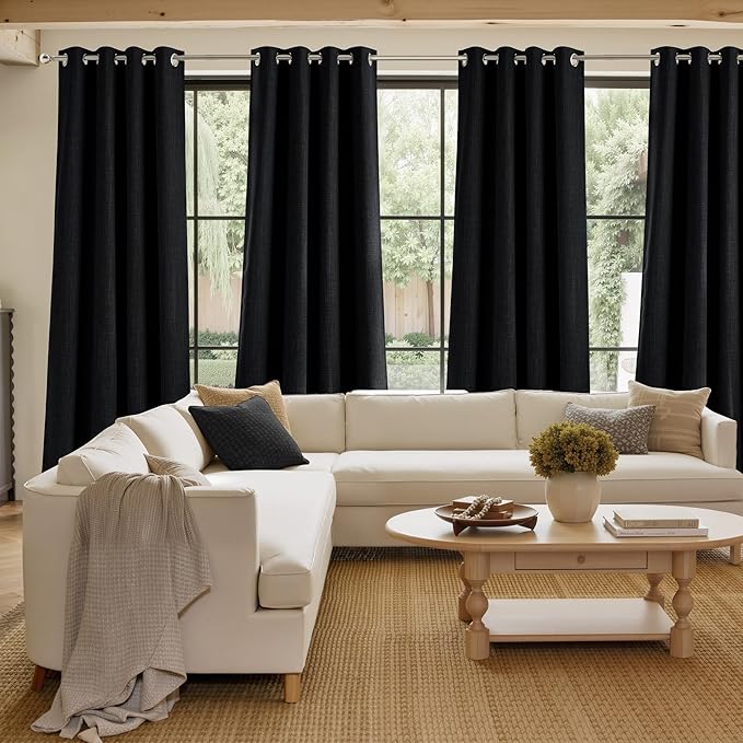 NICETOWN Black Faux Linen Room Darkening Rod Pocket Curtains 63 inch Length, W42 x L63, Light Blocking Thermal Insulated Noise Reducing Drapes for Bedroom Living Room Farmhouse Decor, 2 Panels