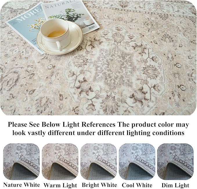 6ft Square Living Room Area Rug: Washable Oriental 6x6 Rugs for Bedroom Dining Room Non-Slip Entryway Kitchen Nursery CarpetWater Resistant Light Weight Floor Mat for Bathroom Laundry Room(6x6,Beige)