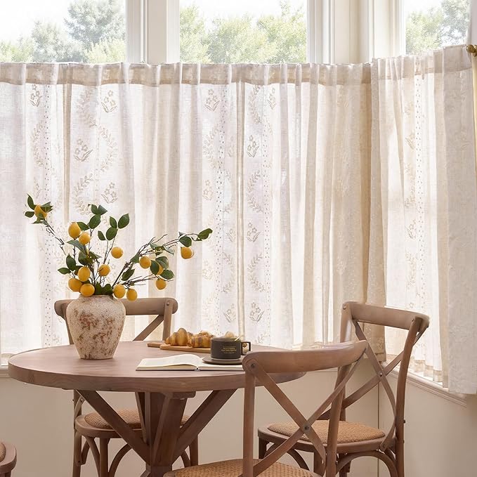 jinchan Belrose Linen Floral Cafe Curtains 54 Inch Length Embroidered Farmhouse Curtains for Kitchen Bedroom Bathroom Small Windows Curtain Set Light Filtering 2 Panels Ivory