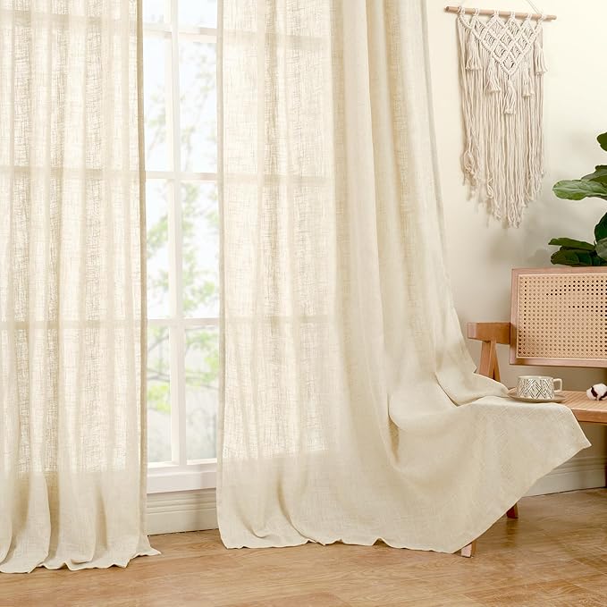 LAMIT Short Window Linen Curtains 45 Inch Length 2 Panels, Beige Light Filtering Panels Back Tab and Rod Pocket Neutral Drapes for Bathroom/Loft Room, 34 x 45 Inch