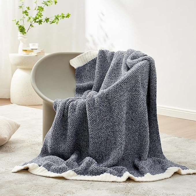 Snuggle Sac Super Soft & Reversible Heather Navy Throw - Oversized Cozy Knit Blanket for Bed, Sofa, Living Room, Twin Size (60x80 Inches)