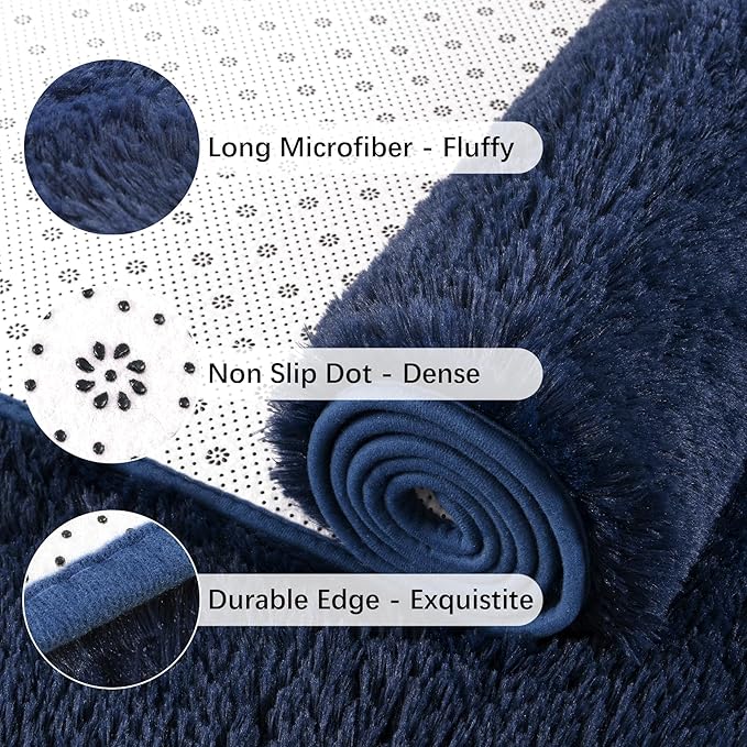 Chicrug Soft Runner Rug for Bedroom Living Room Plush Fluffy Rug 2x8 Feet, Shag Furry Runner Carpet Non Shedding for Nursery Children Kids Girls Room Home Decorative, Navy Blue