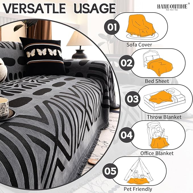 HANDONTIME Boho Couch Cover Blanket Geometric Striped Pet Covers for Couches and Sofas Dark Grey and Black Dog Cover for Couch Pet Friendly Chenille Sectional Sofa Covers for Pets Washable, 71" X134"
