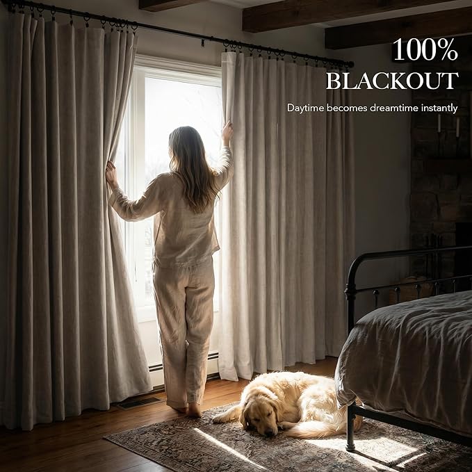 RYB HOME Natural Beige 100% Blackout Linen Curtains for Bedroom 96 inches Long, Thermal Insulated&Privacy Assurd Window Curtains for Living Room Dining Patio Sliding Glass Door, W52 x L96, 2 Panels