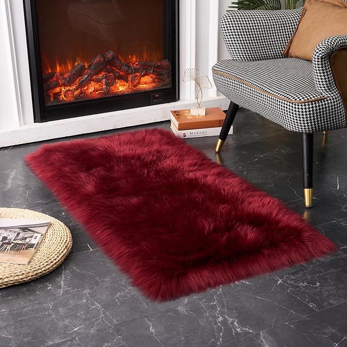 EasyJoy Ultra Soft Fluffy Shaggy Area Rug Faux Fur Rug Chair Cover Seat Pad Fuzzy Area Rug for Bedroom Floor Sofa Living Room (2 x 4 ft Rectangle, Burgundy)