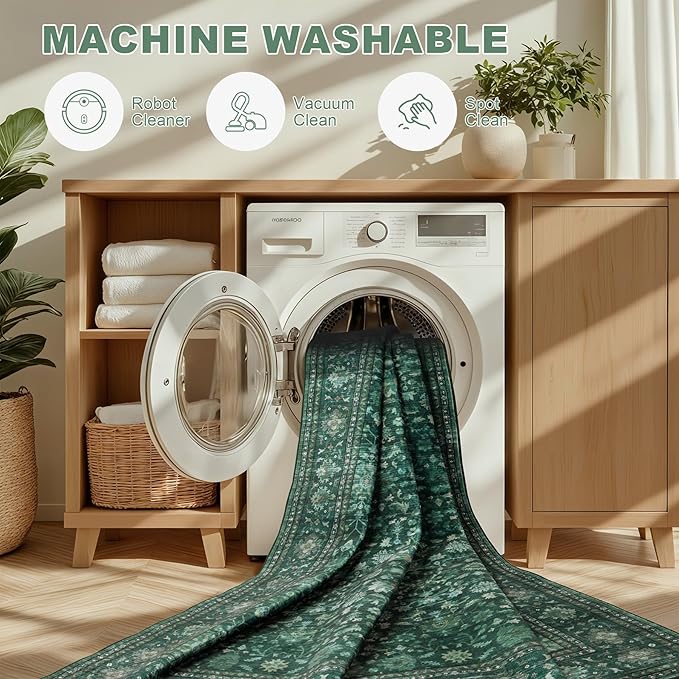 6x9 Area Rugs Living Room Rug: Washable Vintage Distressed Floral Rug No Slip Stain Resistant Soft Carpet Indoor Large Carpets for Bedroom Dining Room Farmhouse Nursery Home Office Deep Green