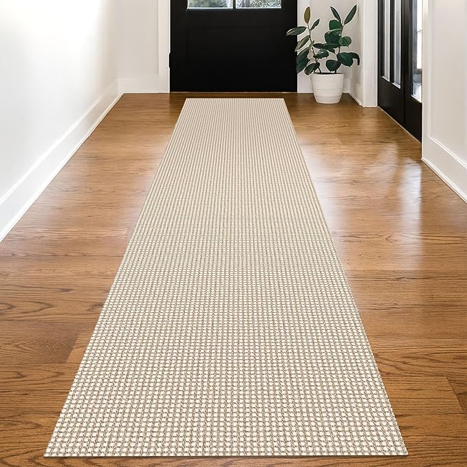 KOZYFLY Long Runners for Hallways 3x12 ft Washable Kitchen Runner Non Slip Rubber Backed Hallway Rugs Cotton Entryway Runner Rug Floor Carpet for Indoor Hall, Backdoor, Kitchen, Ivory/Khaki