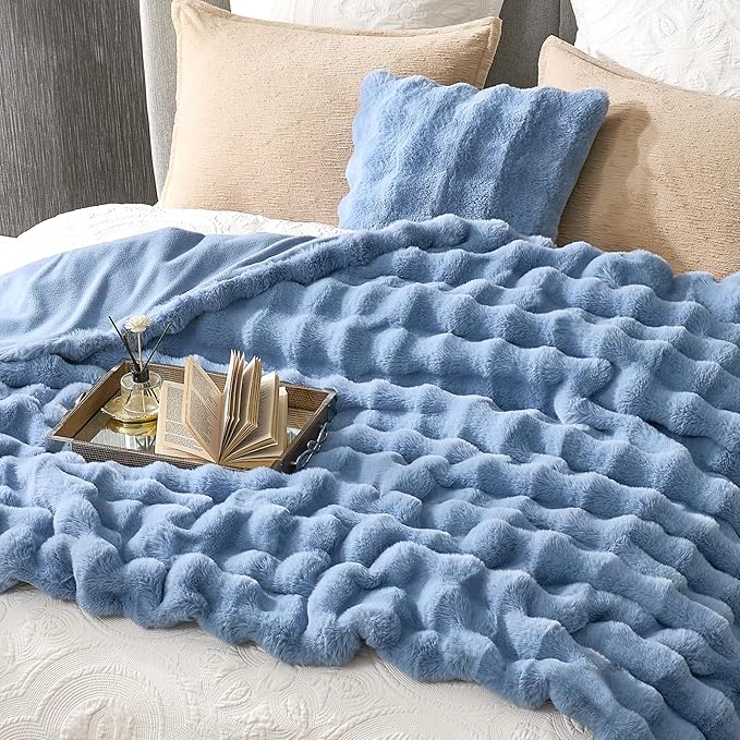Cozy Bliss Faux Fur Bubble Throw for Couch, Fuzzy Soft Plush Thick Blanket for Sofa Bedroom Living Room, 60x80 Inches Misty Blue