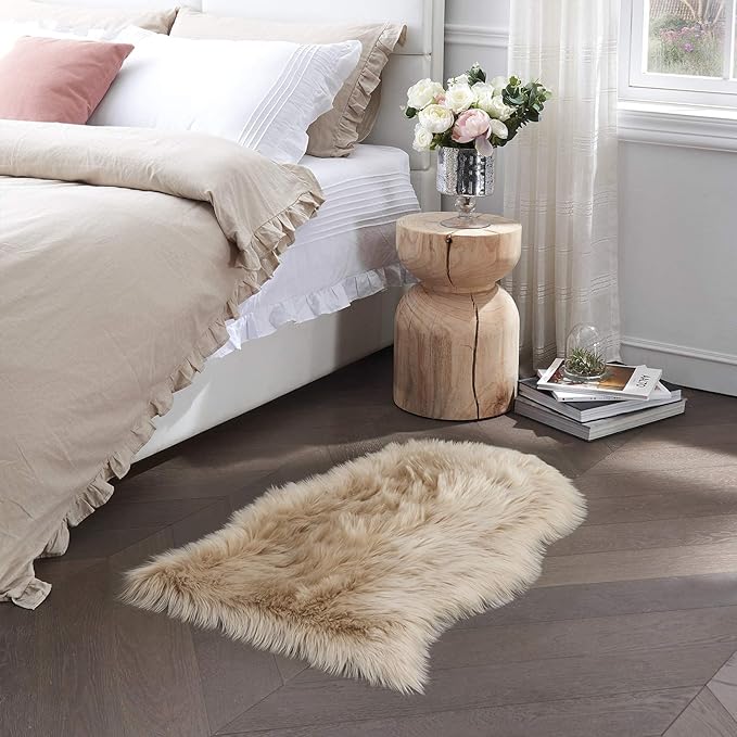 Small Faux Fur Sheepskin Rug 2x4 ft Ultra Soft Chair Sofa Cover Seat Pad, Beige Fluffy Shag Rugs for Bedroom Nursery Kids Room, Luxury Shaggy Rug Fuzzy Plush Floor Carpets