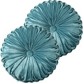 HIG Set of 2 Teal Ruched Velvet Round Throw Pillows – 14.5’’ Decorative Pillows with Soft Polyester Filling for Couch, Bed, Living Room, Bedroom, or Dorm – Handmade, Stress Relieving, All-Season