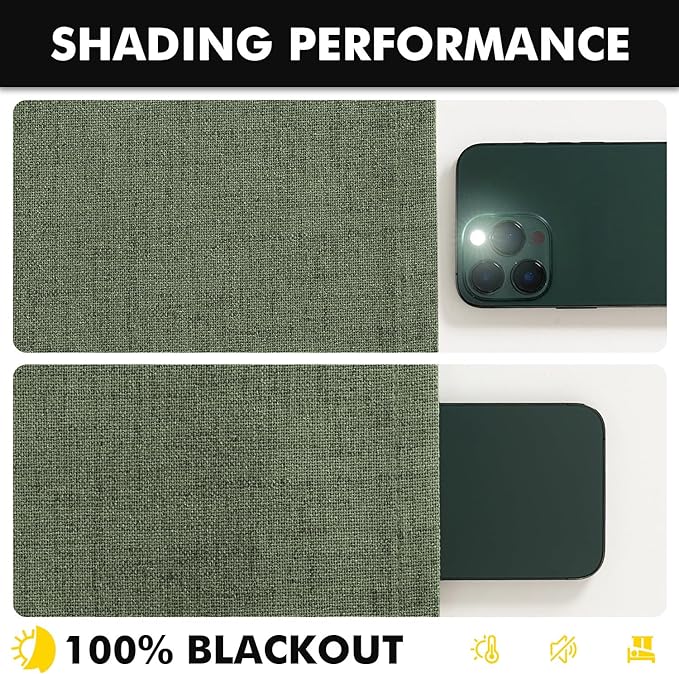 MIULEE 100% Blackout Linen Curtains for Bedroom, Olive Green Solid Luxury Decor Thermal Insulation Room Darkening Drapes for Living Room Nursery Back Tab Rod Pocket 42 x 72 Inches, 2 Panels