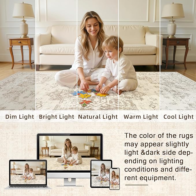 Area Rugs 9x12 Living Room: Vintage Boho Neutral Washable Rug Indoor Soft Large Area Rug Carpet for Bedroom Nursery Farmhouse Dining Room Office Floor Non-Slip Low Pile Under Table Rug Beige/Ivory