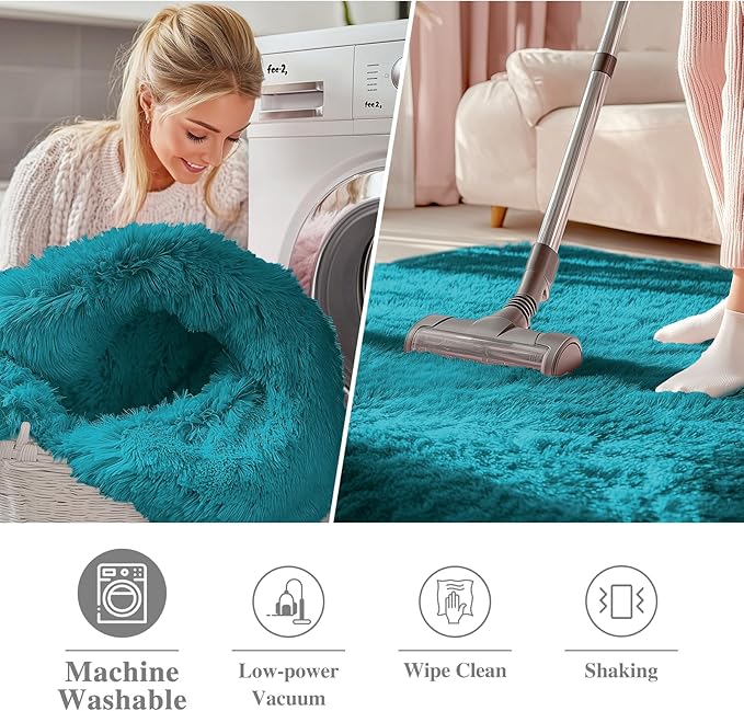 OLANLY Teal Round Rugs for Bedroom - Machine Washable, 6 ft Circle Area Rugs for Living Room, Soft and Fluffy Shaggy Carpet for Teen Girl and Boys, Nursery Rooms, Dorms, Home Decor Aesthetic