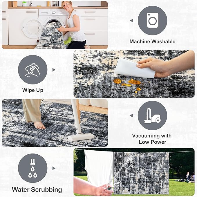 Area Rugs 10x12 Living Room - Washable Rug Modern Abstract Soft Large Neutral Non-Slip Carpet Indoor Floor Thin Carpets for Bedroom Dining Room Farmhouse Nursery Home Office Black Gold