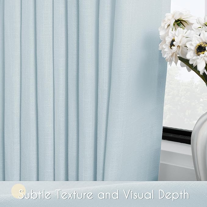 Sky Blue Curtains 108 inch Length for Bedroom Back Tab Light Filtering Semi Sheer Blue Living Room Curtains Linen Cotton Textured Drapery Panel Aesthetic Decor Light Blue 52x108
