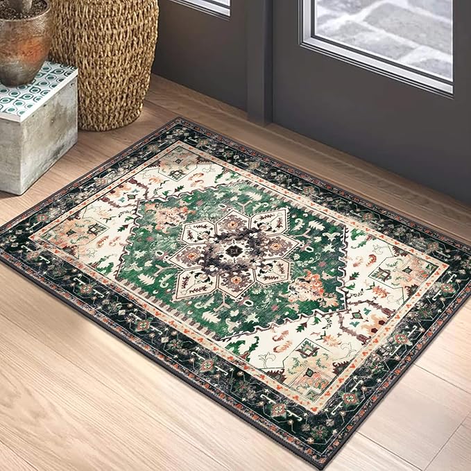 Yamaziot Washable Area Rug, 2x3 Small Entryway Rug Non-Slip Boho Vintage Rug with Rubber Backing, Low Pile Faux Wool Soft Distressed Floor Carpet for Indoor Door Mat, Kitchen, Laundry Bathroom