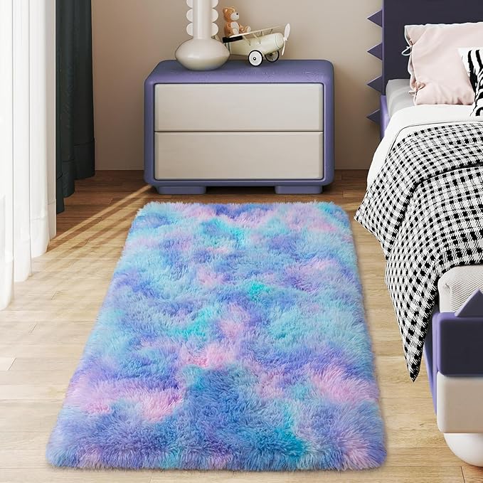 Soft Runner Rugs for Bedroom Hallways, 2x4 Purple Rainbow Fluffy Shag Throw Area Rug Non Slip for Bedside Dorm, Long Shaggy Furry Carpet for Nursery Living Room