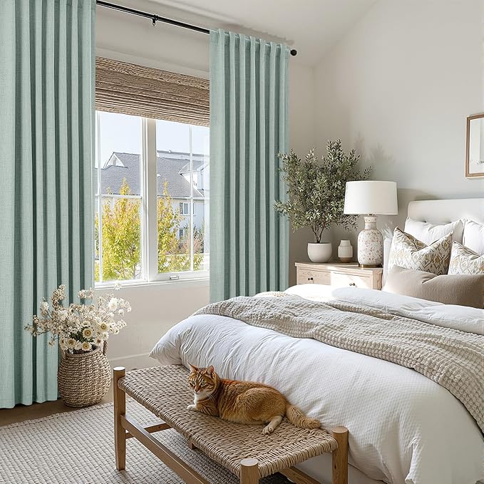 MIULEE 100% Blackout Linen Curtains for Bedroom, Seafoam Green Solid Luxury Decor Thermal Insulation Room Darkening Drapes for Living Room Nursery Back Tab Rod Pocket 42 x 84 Inches, 2 Panels